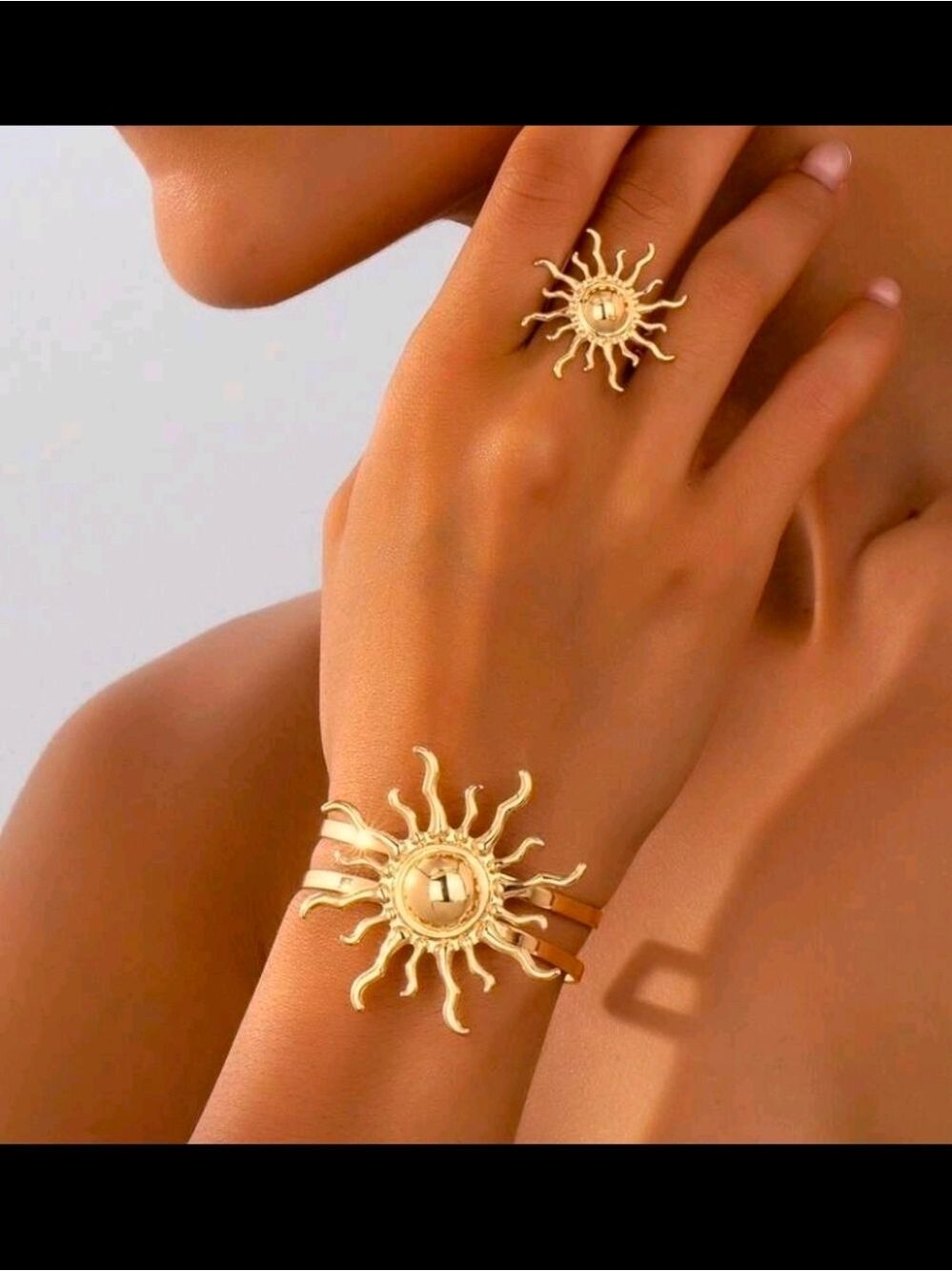 Yellow Gold Sunburst Bracelet Ring Set Women Jewelry - Picture 2 of 7
